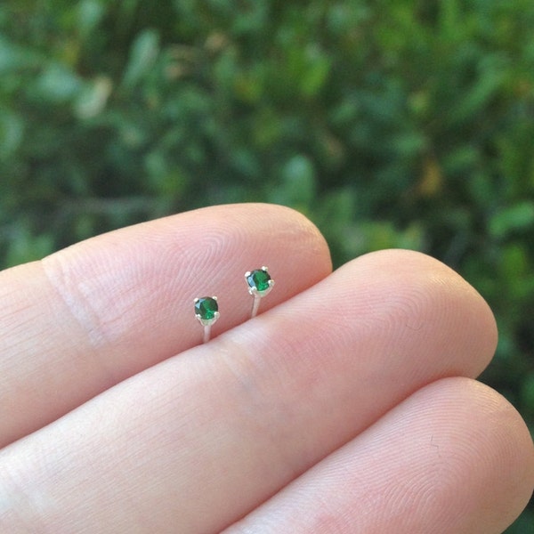 tiny 2mm emerald stud earrings, sterling silver, round simulated emerald gemstone studs, May birthstone