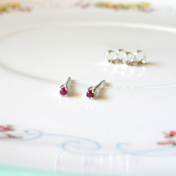 1.5mm ruby tiny micro earrings, simple sterling silver studs, lab ruby gemstone earrings, ruby birthstone, July birthstone stud earrings