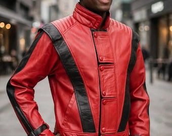 Red and Black Vintage Motorcycle Jacket Men - 80s Pop Icon Inspired Biker Jacket - Moto Costume Jacket | Confirm Delivery Before 31st Oct.