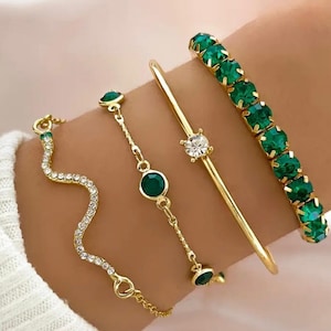 Green Gemstone Bracelet Set: Gold-Tone Bangles, Rhinestone Chain