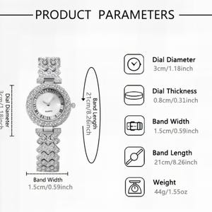 May include: A silver-toned quartz watch with a round face and a crystal-studded bezel. The watch has a silver band with a decorative design. The dial diameter is 3cm/1.18 inches, and the band length is 21cm/8.26 inches. The watch weighs 44g/1.55oz.