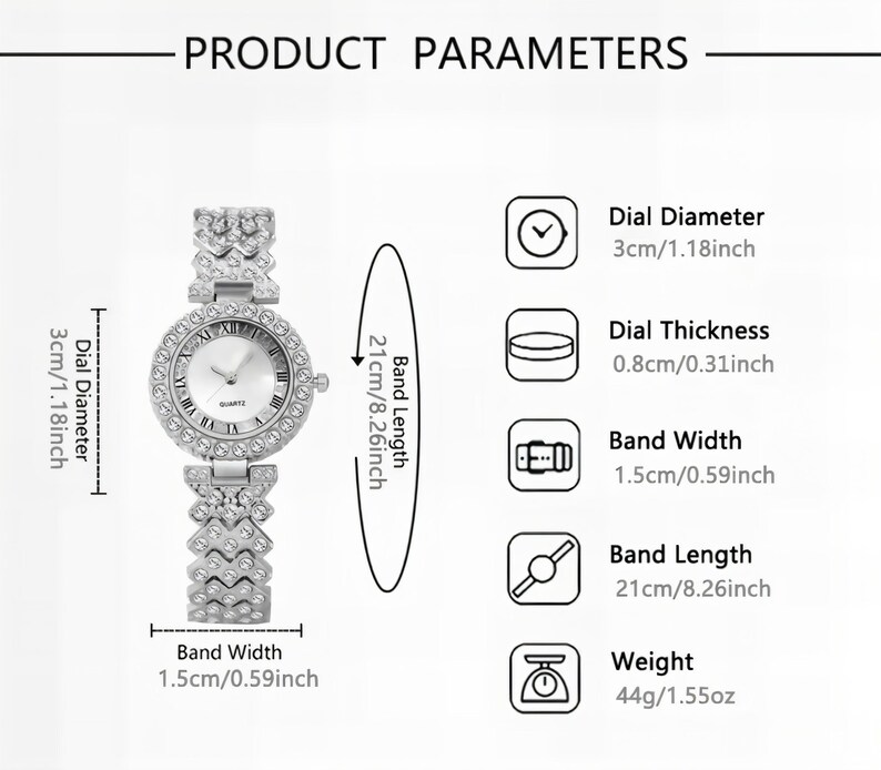 May include: A silver-toned quartz watch with a round face and a crystal-studded bezel. The watch has a silver band with a decorative design. The dial diameter is 3cm/1.18 inches, and the band length is 21cm/8.26 inches. The watch weighs 44g/1.55oz.