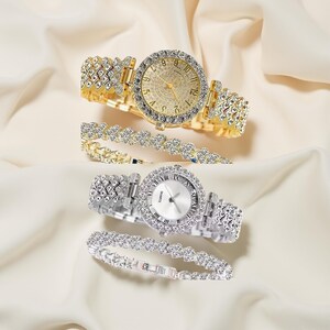 May include: Two elegant wristwatches and matching bracelets. One watch is gold-toned with a gold dial and crystal accents. The other is silver-toned with a white dial and crystal accents. Both have crystal-studded bands.