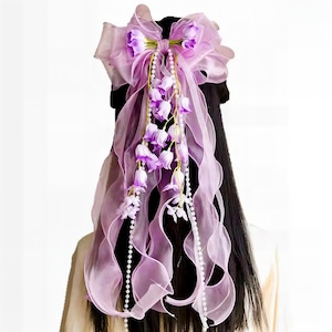 Floral Pearl Tassel Organza Hair Bow - Bridal Cottagecore Clip