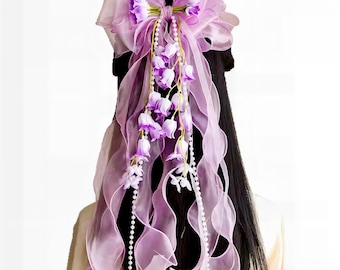 Floral Pearl Tassel Organza Hair Bow - Bridal Cottagecore Clip