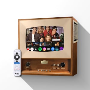 Mini TV retrô em madeira de cerejeira, tela de 10 polegadas, compatível com Google TV e streaming inteligente.