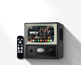 レトロな黒大理石調MDF木製ミニテレビ、7インチスクリーン、Google TVスマートストリーミング対応