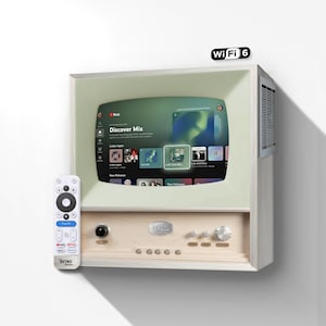 Könnte beinhalten: Retro-Fernseher mit hellgrünem Bildschirm, der einen Musik-Streaming-Dienst anzeigt. Das Holzgehäuse hat ein Bedienfeld mit Knöpfen und Drehreglern. Eine weiße Fernbedienung hängt links. Der Fernseher hat ein Wi-Fi 6-Etikett.