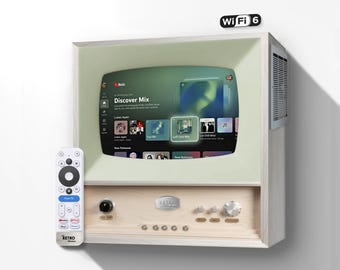 レトロなメープルウッド製ミニテレビ、10インチスクリーン、Google TVスマートストリーミング対応