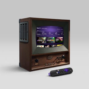 Mini TV retrò in legno di noce - Streaming Smart Roku da 10" - Altoparlante Bluetooth Hi-Fi