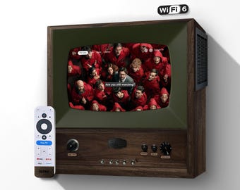 レトロなウォールナット材のミニテレビ、10インチスクリーン、Google TVスマートストリーミング対応