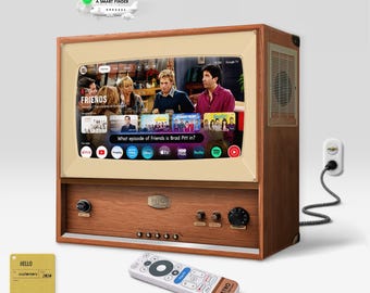 Könnte beinhalten: Ein hölzernes Fernsehgerät mit einem cremefarbenen Bildschirmrahmen, das eine digitale Benutzeroberfläche der Serie Friends anzeigt. Das Gerät verfügt über vordere Drehregler, ein in eine Steckdose eingestecktes Netzkabel und eine weiße Fernbedienung.