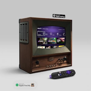 レトロミニテレビ（ウォールナット材） - 10インチ Rokuスマートストリーミング対応 - Hi-Fi Bluetooth対応木製スピーカー