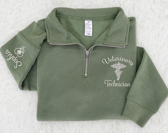 Custom Embroidered Vet Tech Quarter-Zip Sweatshirt: Personalized Veterinary Medicine Gifts, Vet Technician Office Gift