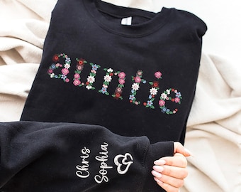 Custom Floral Embroidered Auntie Sweatshirt, New Aunt Gifts, Christmas Gifts for Auntie, Grandma, Mama