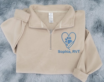 Custom Embroidered Vet Tech Quarter Zip Sweatshirt: Personalized Veterinary Medicine Gift, Veterinary Technician Gifts