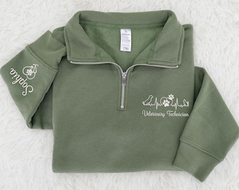 Custom Embroidered Vet Tech Quarter Zip Sweatshirt: Personalized Veterinary Medicine Gift, Veterinary Technician Gifts