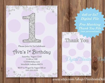 1st Birthday Polka Dot Purple Party Personalized Birthday Invitation Printable