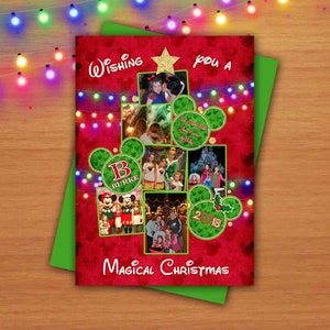 Foto digital inspirada na Disney, árvore de Natal, cartão vermelho e verde inspirado no Mickey Mouse