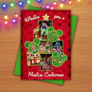 Sapin de Noël photo numérique inspiré de Disney, carte de voeux rouge et verte inspirée de Mickey Mouse
