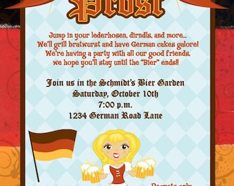 May include: An invitation to an Oktoberfest party at Schmidt's Bier Garden. The invitation features a cartoon woman in a dirndl holding two steins of beer. The text reads "Oktoberfest! Prost!" and includes the date, time, and location of the event. It also requests guests to bring a side dish or dessert.