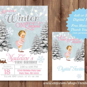 1st Birthday Onederland Wonderland Woodland Winter Invitation Printable