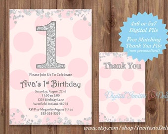 1st Birthday Polka Dot Pink Party Personalized Birthday Invitation Printable