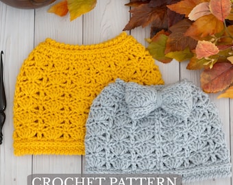 Patron au crochet en désordre | Téléchargement numérique PDF | Bonnet Messy Bun avec noeud | Bonnet queue de cheval au crochet | Bonnet chignon avec noeud