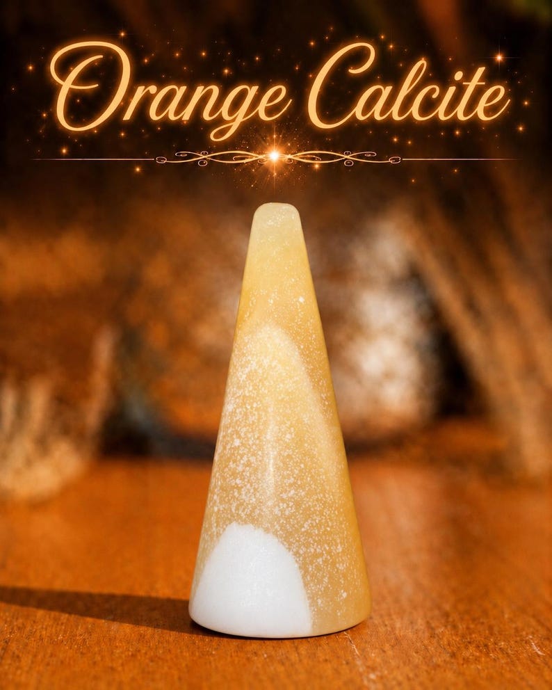 K&ouml;nnte beinhalten: Ein kegelf&ouml;rmiger Pr&auml;sentationsst&auml;nder aus orangefarbenem Calcit mit glatter, polierter Oberfl&auml;che. Der Stein zeigt durchscheinende goldorange Farbt&ouml;ne mit einem deutlichen, undurchsichtigen wei&szlig;en Fleck an der Basis. Der Text Orange Calcite steht dar&uuml;ber.