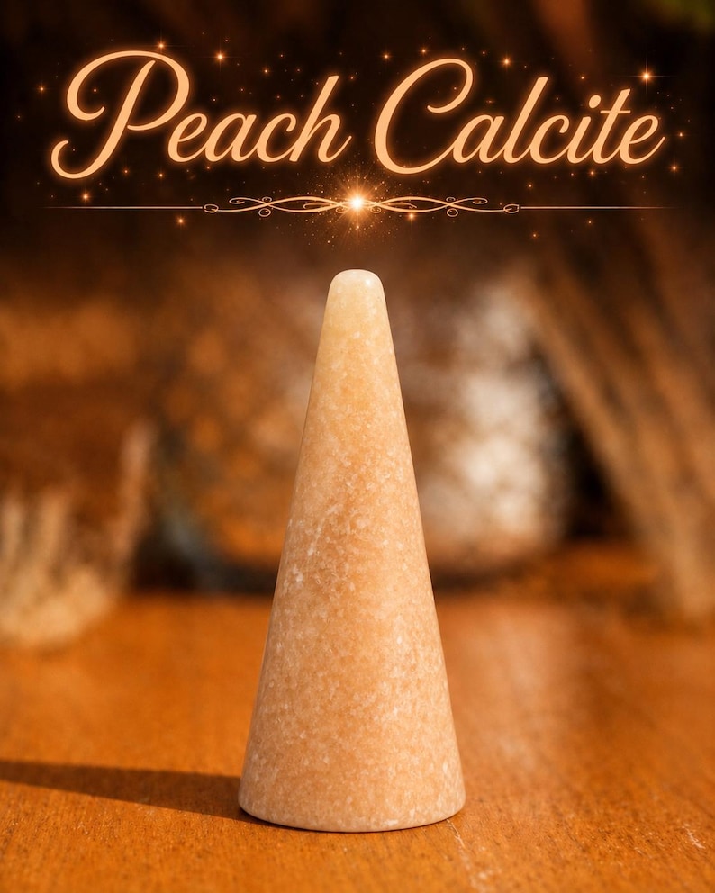 K&ouml;nnte beinhalten: Ein glattes, kegelf&ouml;rmiges Objekt aus Pfirsich-Calcit mit einer hellorangen, gesprenkelten Optik. Der Text Peach Calcite erscheint in einer leuchtenden Schreibschrift &uuml;ber dem Steinobjekt, das eine abgerundete Spitze und eine flache Basis hat.