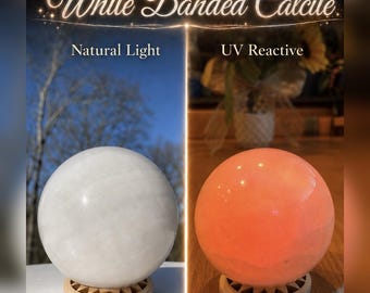 UV Reactive White Banded Calcite Sphere with Stand, Orange Glow Calcite Crystal Ball, Polished White Calcite Crystal Decor