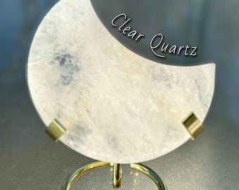 Clear Quartz Crescent Moon Crystal with Gold Toned Stand • Healing Crystal Decor • Crescent Moon Stone • Lunar Altar Decor • Spiritual Gift