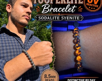 Yooperlite Bracelet, UV Reactive Stretch Bracelet for Men & Women, Glows Under UV Light, Fluorescent Sodalite Syenite, 8-8.5mm Beads
