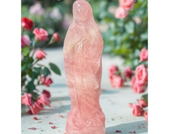 May include: A rose quartz statue of Mother Mary. The statue is a light pink color and is surrounded by pink roses. The text "Rose Quartz Mother Mary" is at the top of the image.
