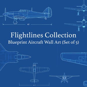 以下が含まれることがあります： 青い背景に、さまざまな航空機の設計図。画像には、いくつかの飛行機の側面図、上面図、正面図が含まれており、フィート単位の寸法が示されています。テキストは「Flightlines Collection Blueprint Aircraft Wall Art (Set of 5)」と書かれています。