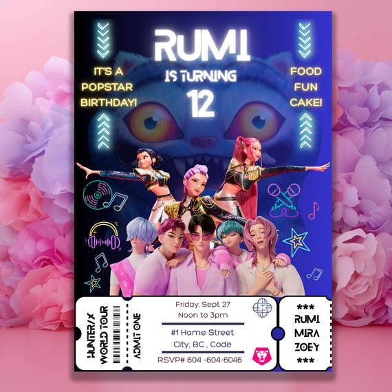 KPop Demon Hunters & Saja Boys Neon Birthday Invitation - Editable Canva Template