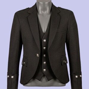 May include: A black jacket and matching waistcoat set featuring a notched lapel, epaulettes on the shoulders, and decorative silver-toned buttons on the front, cuffs, and pocket flaps. The jacket has a curved hemline and a structured, tailored fit.