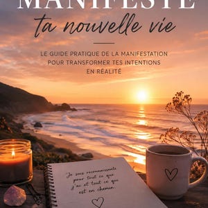 Peut inclure: Une couverture de livre intitulée MANIFESTE ta nouvelle vie avec un coucher de soleil sur l'océan. Le texte inclut LE GUIDE PRATIQUE DE LA MANIFESTATION POUR TRANSFORMER TES INTENTIONS EN RÉALITÉ. Un carnet avec du texte manuscrit et une tasse.
