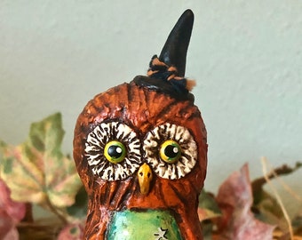 Primitive Halloween Folk Art Lil&#39; Owl & Moon OOAK EHAG Up-cycled