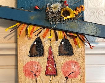 Primitive Wooden Fence Rail Scarecrow ooak Shelf Sitter or Wall Hanging #3