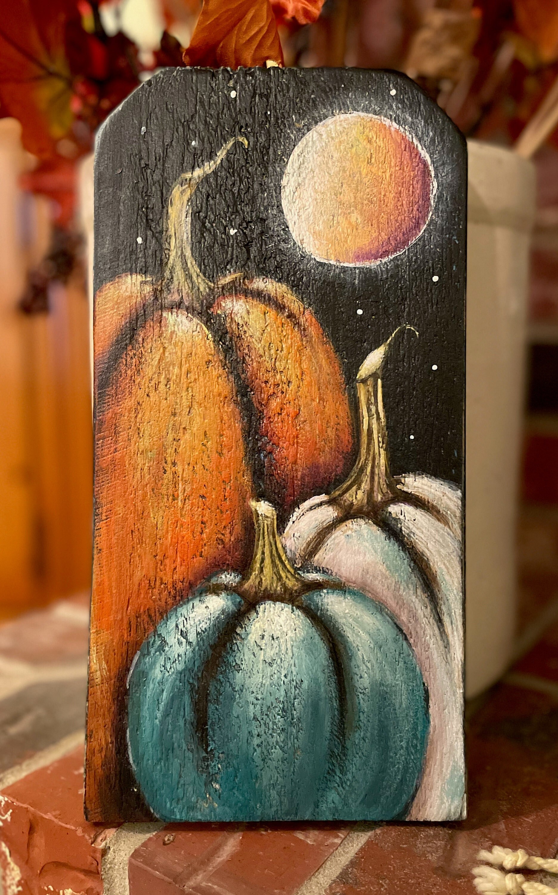 Primitive Folk Art Autumn Pumpkins and Moon Fence Rail Painting Shelf Sitter Wall hanging ooak