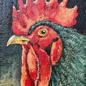 Primitive Folk Art Rooster Painting * Fence Rail Art * OOAK