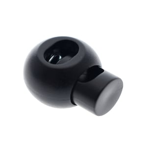 May include: Black plastic toggle cord lock with a spring inside. The cord lock has a round shape with a hole in the center and a flat side.