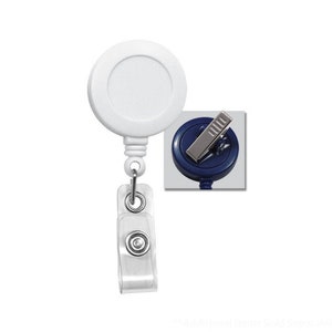 May include: White retractable badge reel with a clear plastic clip and a blue clip on the back. The reel has a white plastic case with a round shape.