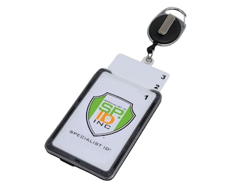 Hard Plastic 3 Card Badge Holder with Retractable Reel - Retracting ID  Lanyard Features Belt Clip & Carabiner - Rigid Vertical CAC Holder - Top  Load