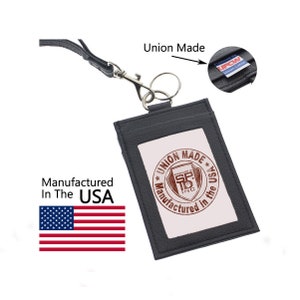 Cartera premium para portadores de insignias de cuero - delgada, auténtica, fabricada en la Unión, fabricada en los EE. UU. - Soporte para tarjeta de cuatro bolsillos, llavero con cordón