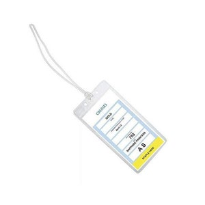 May include: A clear plastic luggage tag with a blue and white design. It says "Cruises" at the top and "Gold" in a box. It also has a box for the passenger's name, a box for the date, and a box for the cruise number. The tag has a hole at the top for a string or lanyard. It says "Sapphire Princess" and "753" in the bottom boxes. It says "Staple Here" at the bottom.