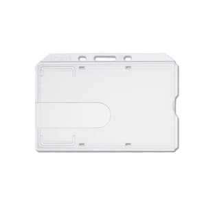 25 Pack - Clear Hard Plastic Badge Holder - Horizontal Side Load Rigid ID Case  (Polycarbonate) - Secure Hold with Thumb Slot Removal