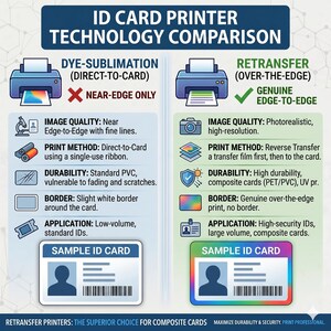May include: Infographic comparing dye-sublimation and retransfer ID card printer technologies. The dye-sublimation method is near-edge only, while retransfer offers genuine edge-to-edge printing. The infographic highlights image quality, print method, durability, border, and application.