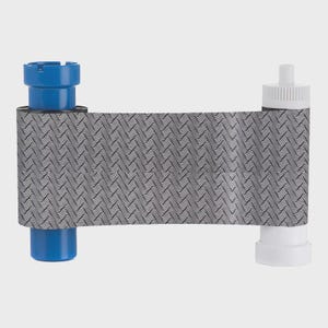 May include: A new, unused printer ribbon cartridge. The cartridge has a blue spool on one end and a white spool on the other. The ribbon is gray with a repeating wave pattern. The cartridge is designed for use in a printer.